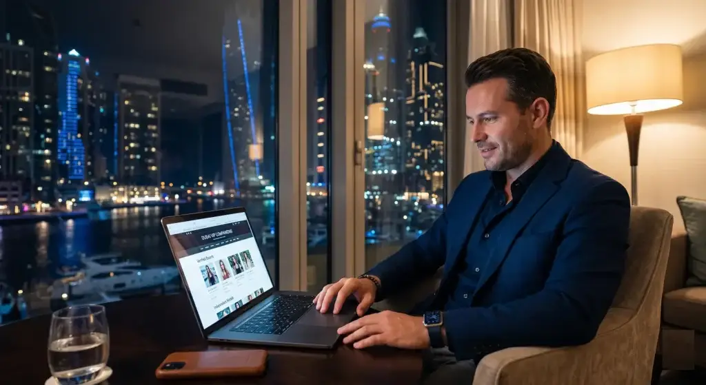 A beautiful and elegant companion sitting in a luxury Dubai hotel room overlooking the glowing Dubai Marina skyline at night