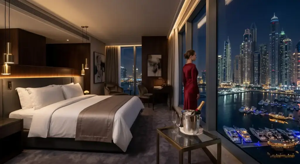 A luxurious hotel suite in Dubai Marina at night, overlooking the illuminated skyline, perfect for a private date with an elite companion